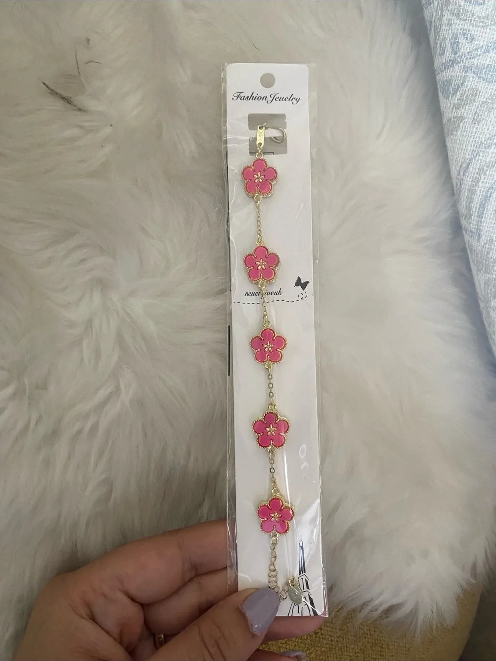 Fashion Jewelry Pink Flower Chain Bracelet - Gold Plated